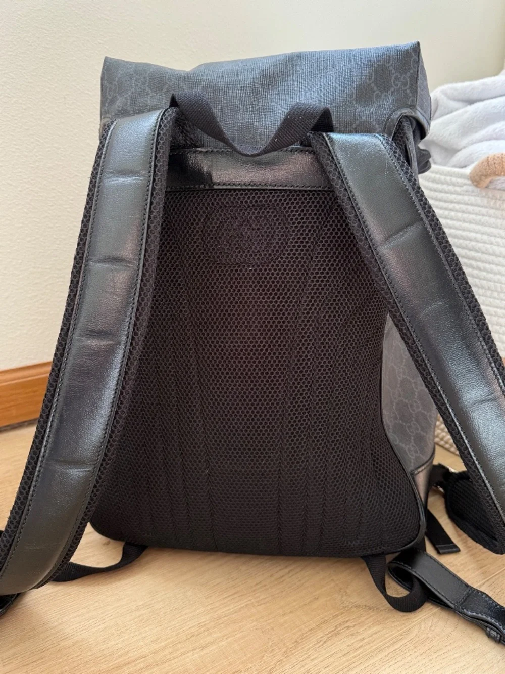 Gucci GG Supreme Black Canvas & Leather Double Buckle Backpack